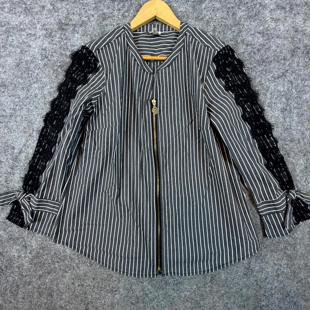 Anne Klein Blouse Womens Small Black White Office Goth Full Zip Lace Trim Bows - Picture 1 of 8